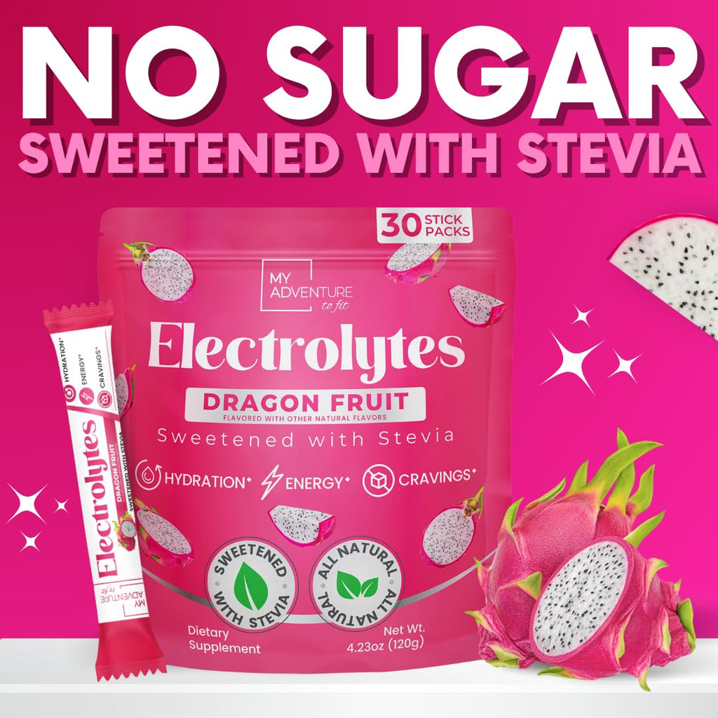 Zero Sugar Dragon Fruit Electrolytes Sticks - Refreshing Hydration - Caffeine Free Energy with Natural Ingredients - Vegan, Keto & Paleo - Sugar Free Electrolytes Powder Drink Mix - 30 Sticks