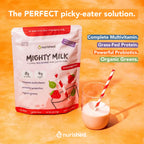 Nurished Mighty Strawberry Milk - Kids All-in-One Daily Protein Powder & Multivitamin Boosted with 2 Billion Probiotics & Organic Spinach - Natural Flavors, Colors & Sweeteners - 15-30 Servings