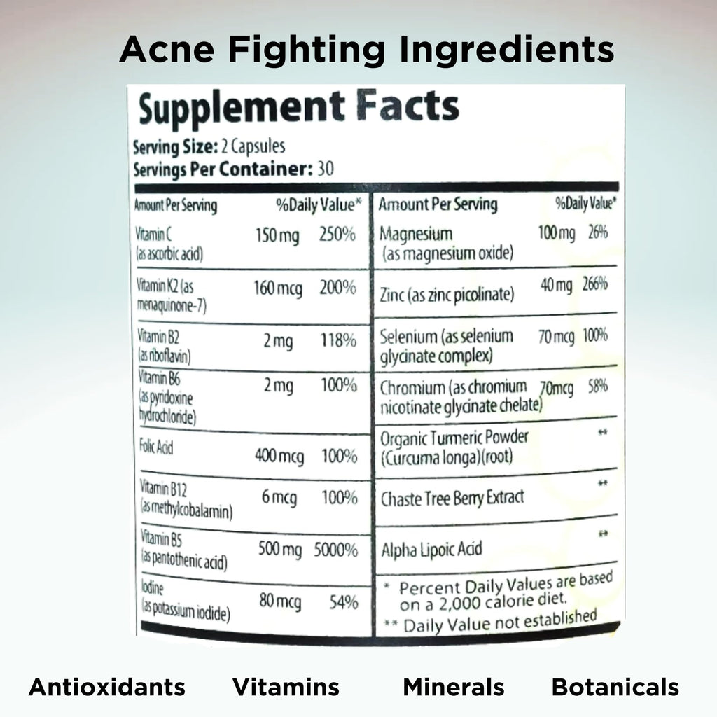 Clear Skin Acne Vitamins Capsules | Complexion Supplements with Pantothenic Acid B5, Zinc Picolinate, Vitex Chasteberry | 60 Count