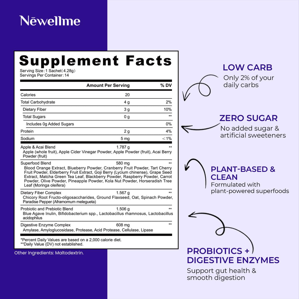 NEWELLME Balance Master Acai Apple Cider Vinegar Powder, Healthy Blood Sugar Support, Probiotics & Digestive Enzymes for Metabolic Support, Vegan Non-GMO, 14 Servings