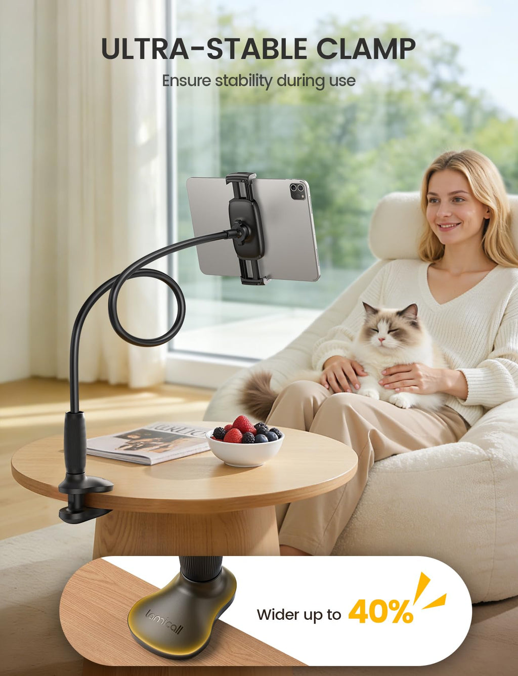 Lamicall Gooseneck Tablet Holder for Bed, Unique Tapered Flexible Arm