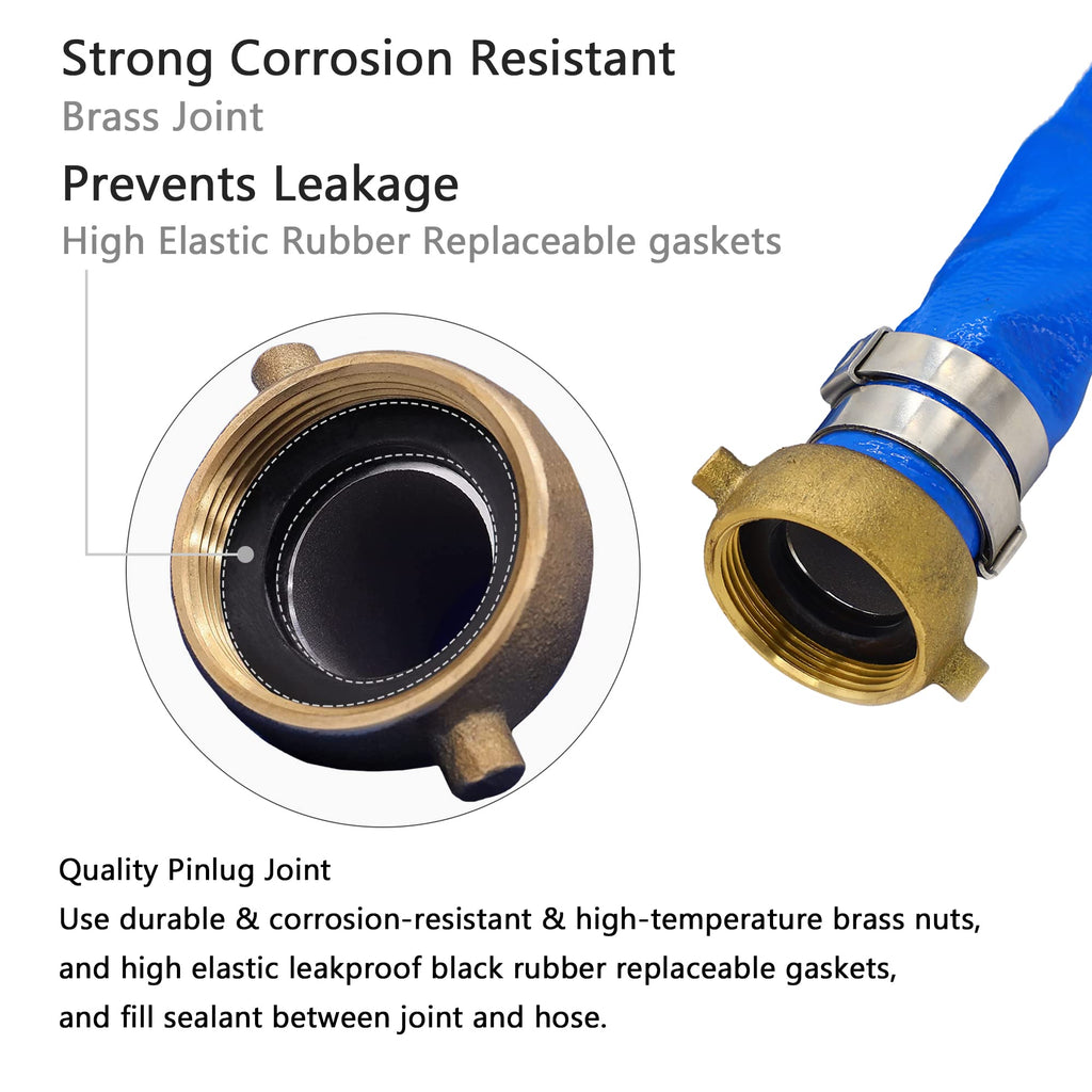 DAVCO 2" ID × 100 ft Pool Backwash Hose, Heavy Duty Reinforced Blue PVC Lay Flat Water Discharge Pump Hoses For Swimming Drain Pools and Clean Filters, With Aluminum Pin Lug Fittings