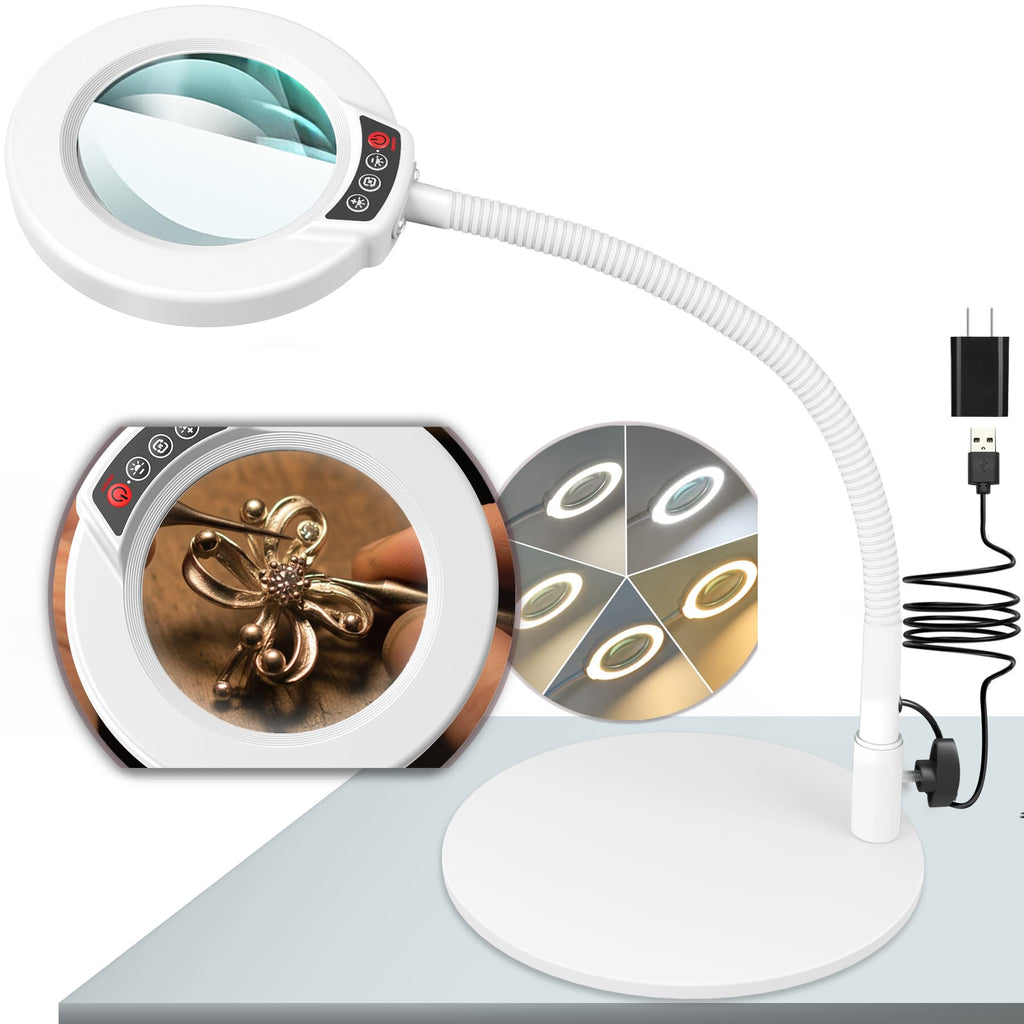Krstlv 10X Magnifying Glass with Light and Stand, 16.5in Flexible Goose-Neck, 5 Color Modes Stepless Dimmable LED Lighted Desk Lamp, Hands Free Magnifier for Crafting Hobby Painting Close Work - White