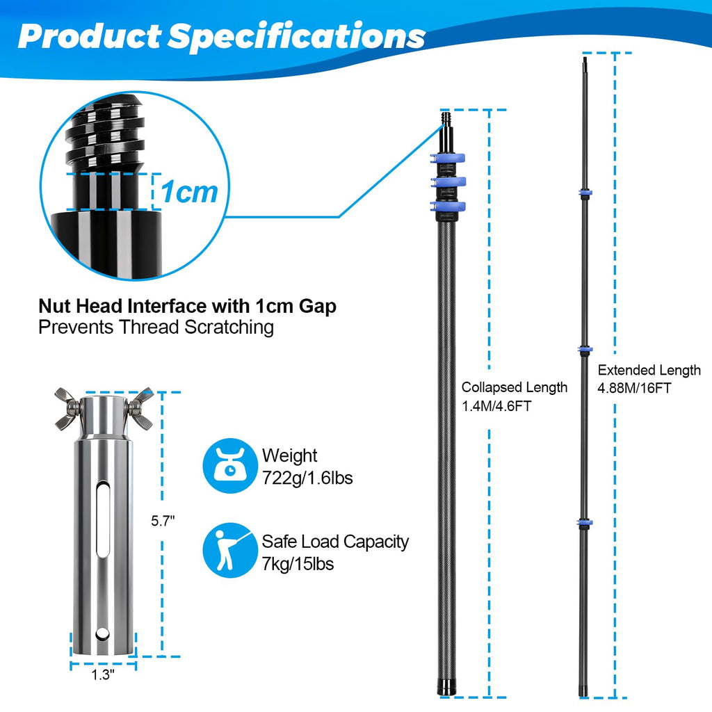 DOBEN Carbon Fiber Pool Pole, 16FT Heavy Duty Telescopic Pool Pole, Universal Extension Pole for Nets, Skimmers, Brushes