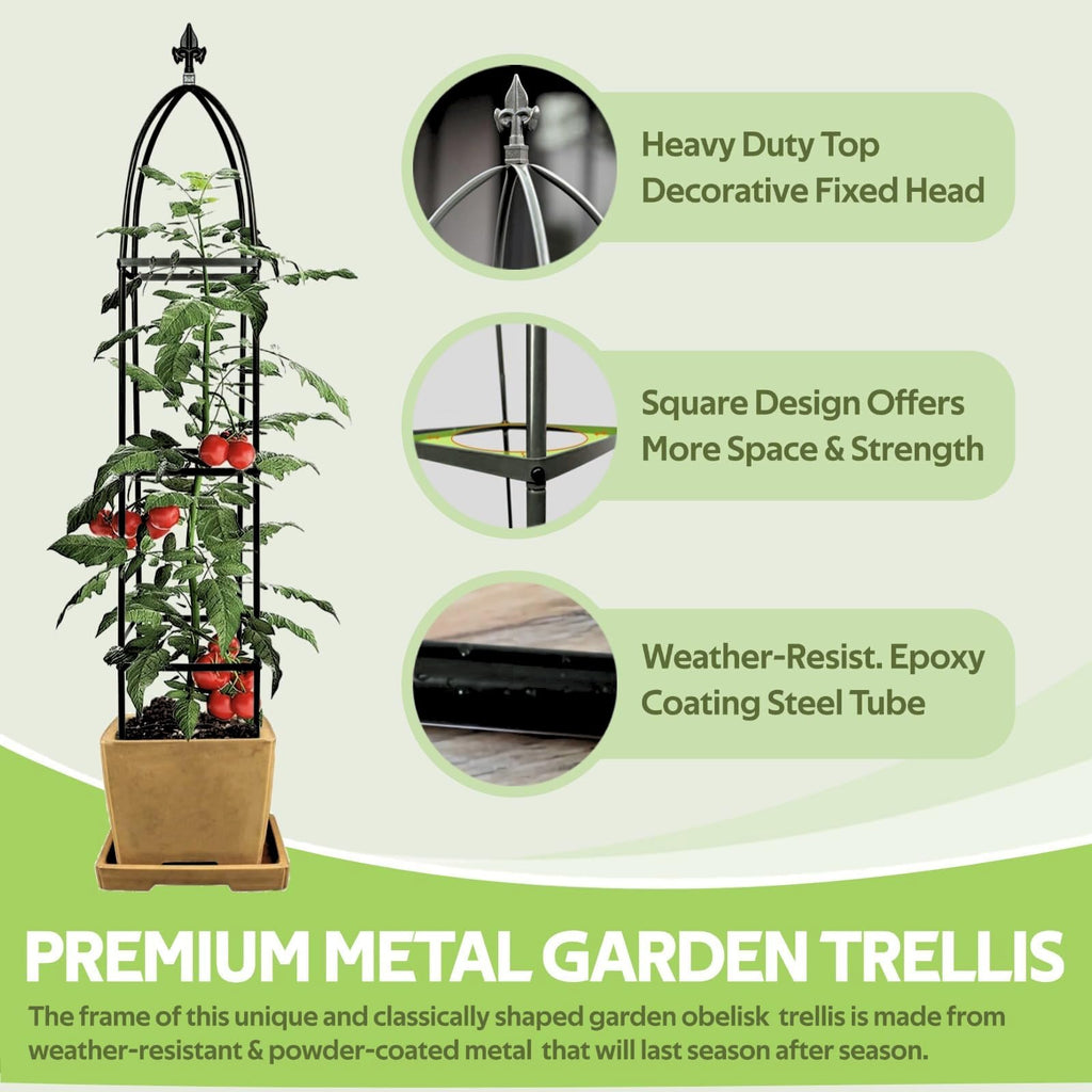 100% Metal Obelisk Trellis for Climbing Plants Outdoor & Indoor - Powder-Coated Steel Tower Obelisk Plant Support - Heavy Duty Rust-Proof Garden Trellis for Climbing Vine Vegetables Flowers Black