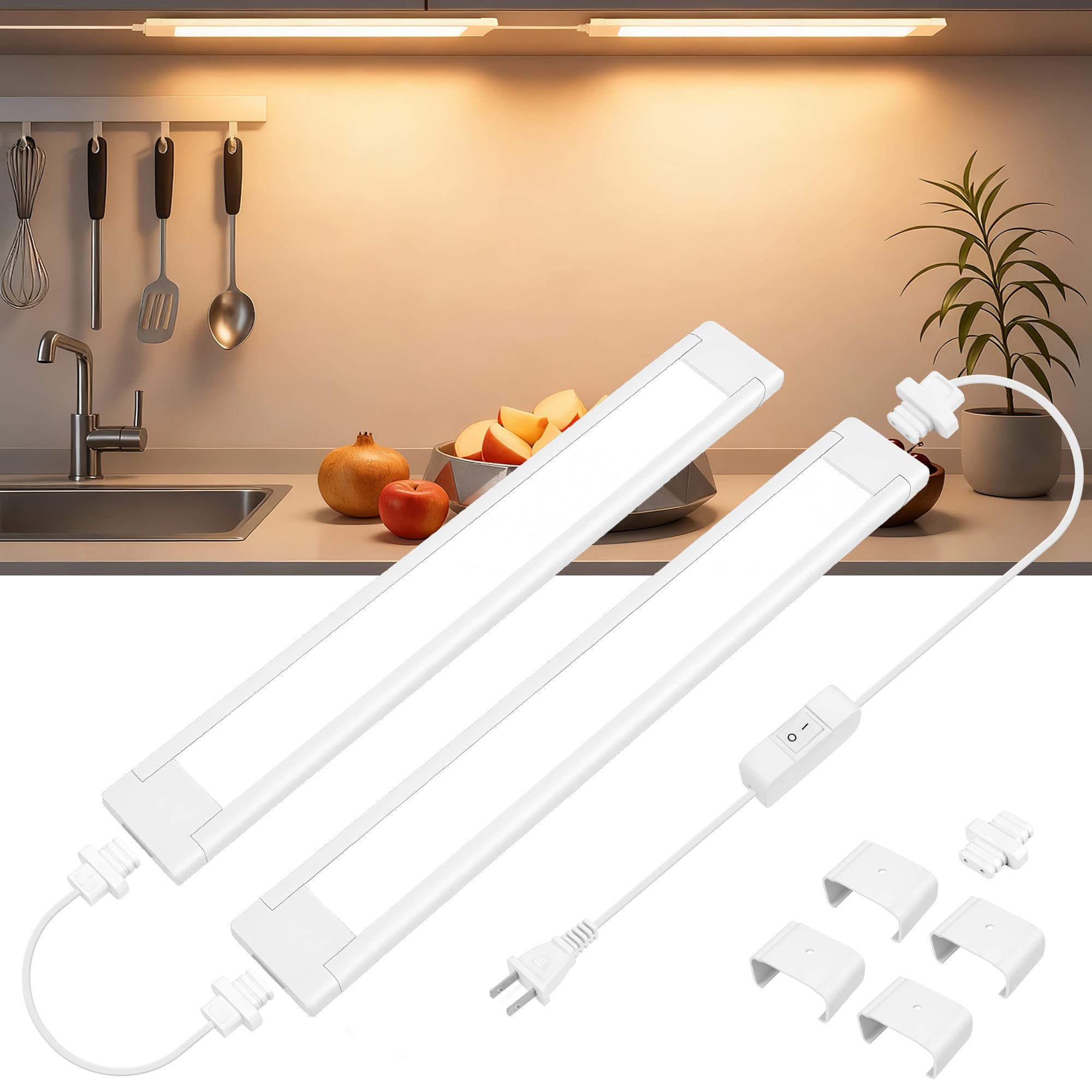 maylit Under Cabinet Lighting Plug in, 2Pcs 14 Inch Linkable Ultra Bright LED Light Bars, Renter Friendly Lamp, Wired 110V 120V Indoor Lights for Kitchen Cabinet, Counter, Workbench, Shelf, Warm White