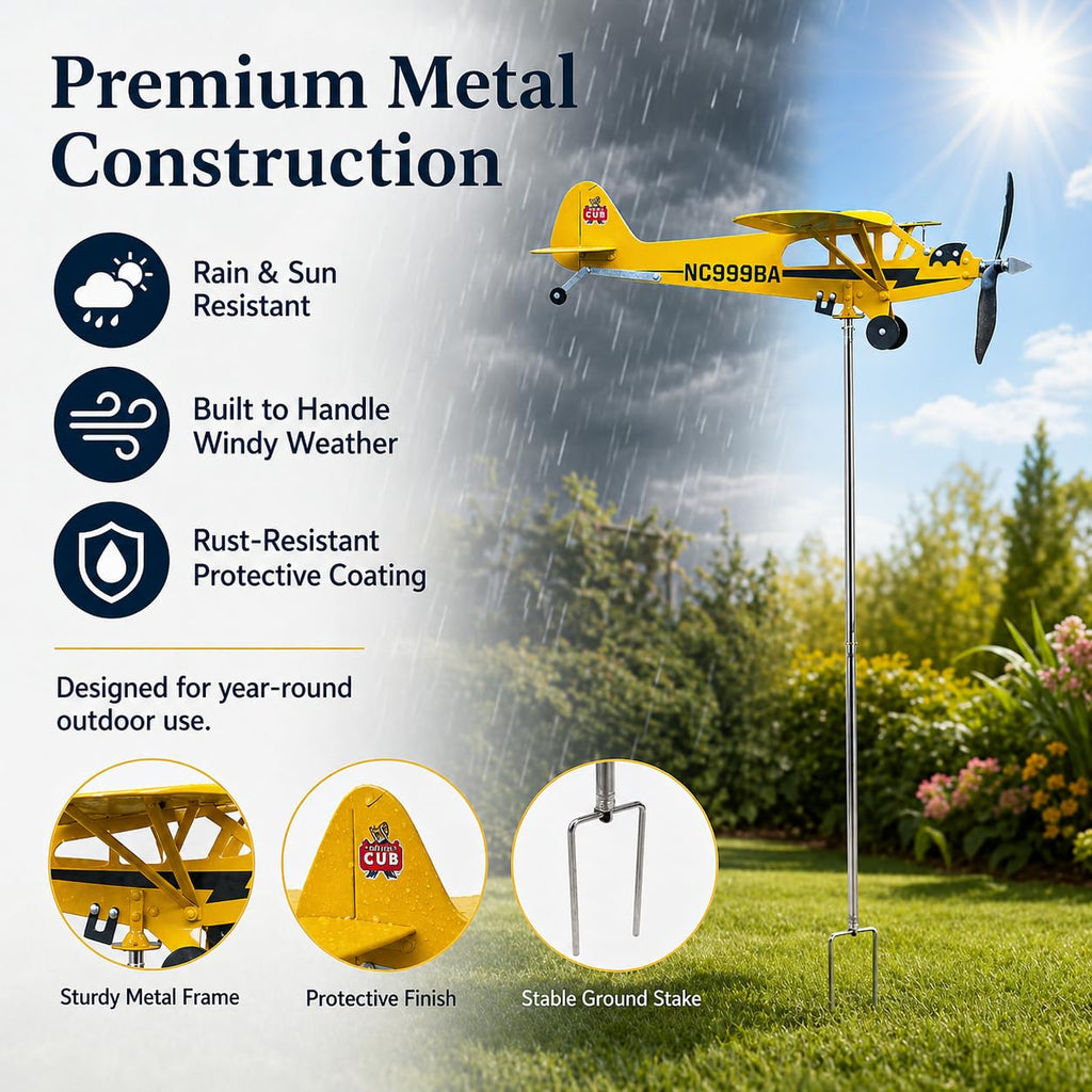 SDFRT Magic Metal Kinetic Sculpture Airplane Weathervane,Metal Wind Spinners for Yard and Garden, 3D Kinetic Wind Spinner Wind Catchers Sculpture, Airplane Weathervane (Piper J3 Cub,32 ×32 x80cm)