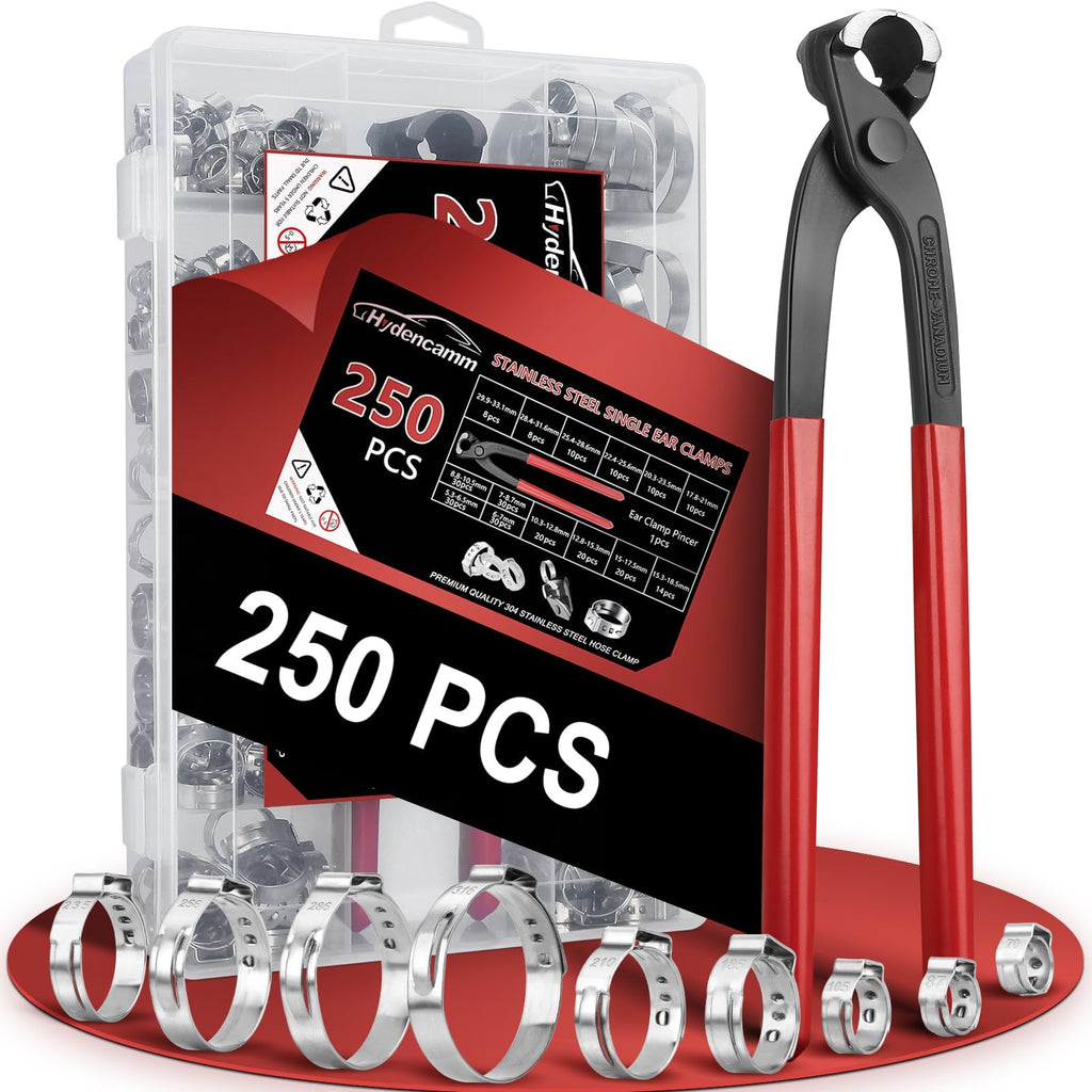 Hydencamm 250PCS 14 Sizes Single Ear Hose Clamp, 5.3-33.1mm 304 Stainless Steel Ear Clamp Kit with Ear Clamp Pincer, Stepless Hose Clamps Cinch Rings for Automotive, Home Appliance Line and Plumbing