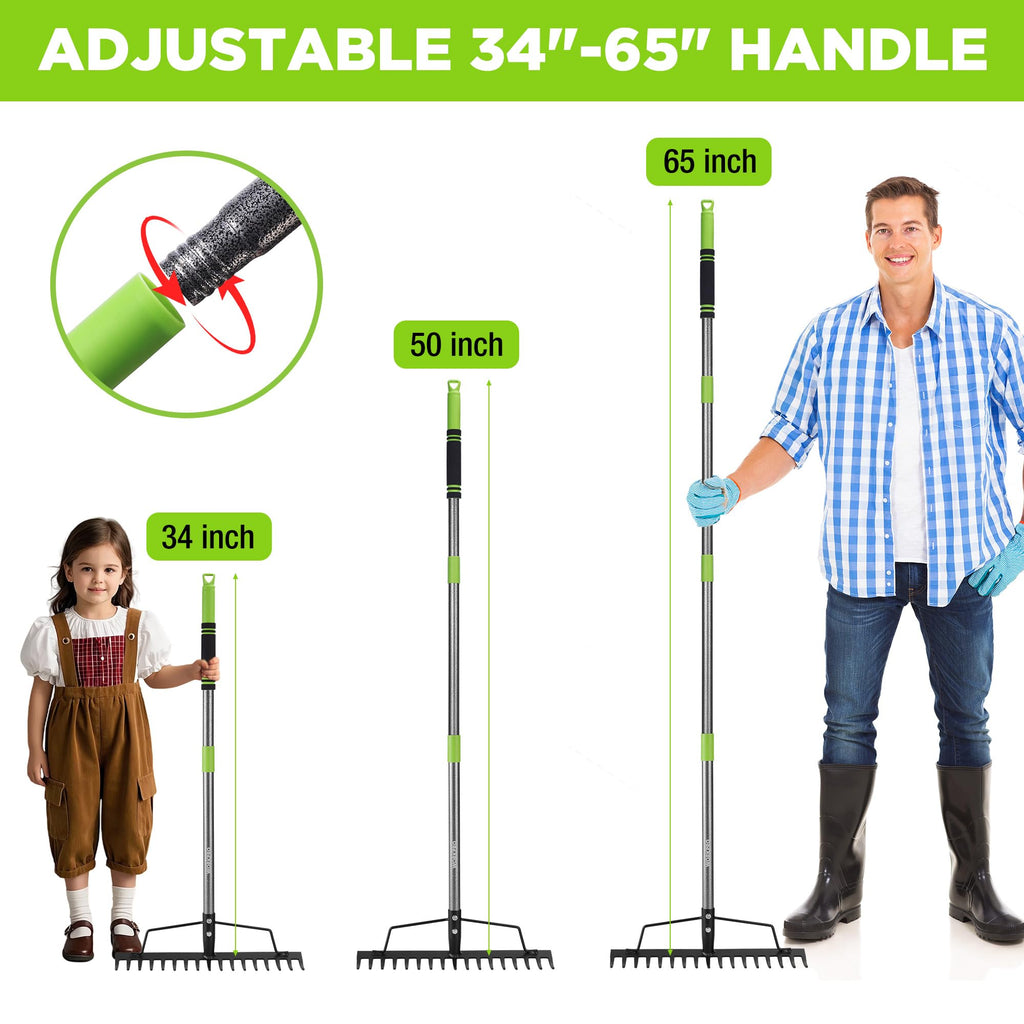 WORKPRO 65 Inch Bow Rake, 17-Tine Metal Head Rake with Adjustable Handle