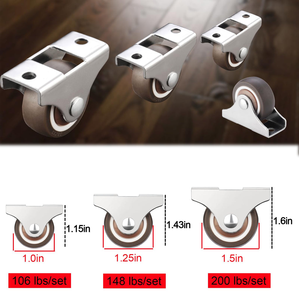 8Pcs 1-1/4 Inch Mini Rigid Caster Wheels, Small Low Profile Rubber Rolling Wheels with Steel Top Plate, Little Casters Wheels for Furniture, Under Bed Storage Drawers, Non Swivel