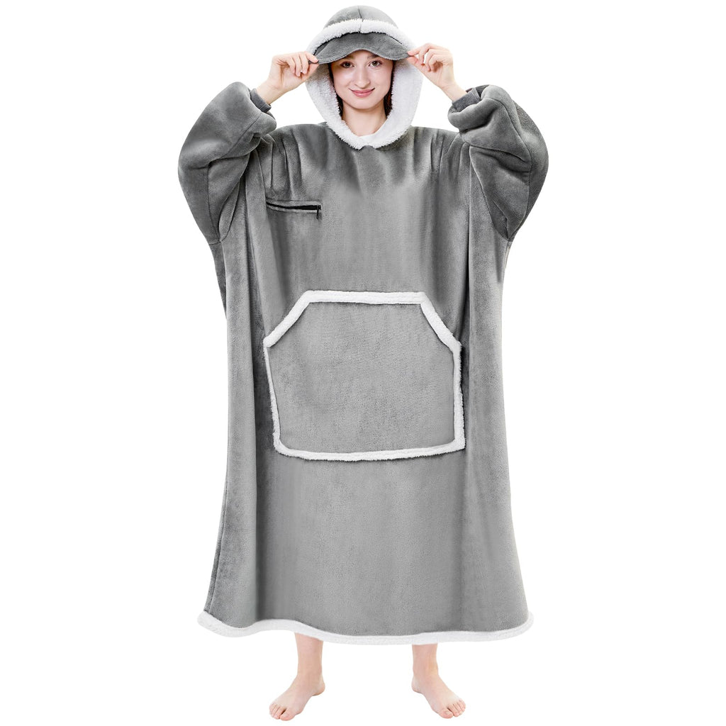 IFNOW Oversized Sherpa Wearable Blanket Hoodie for Adult with Eye Mask,Grey
