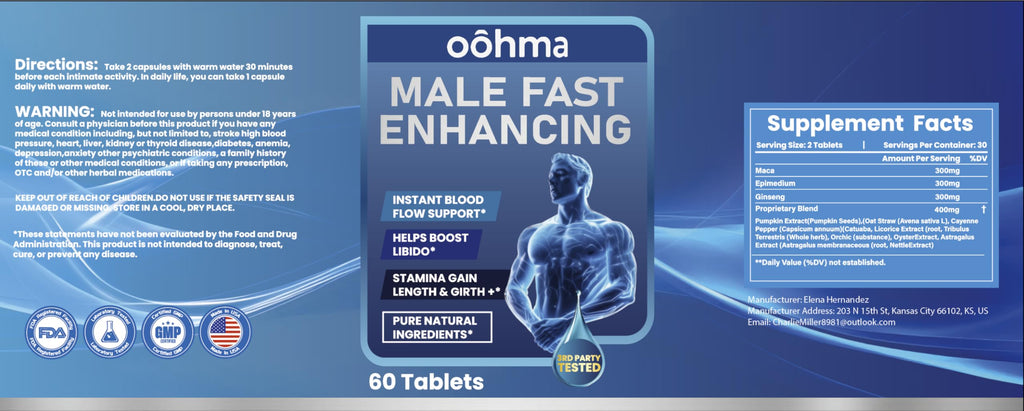 Oohma New Male Enhancing Supplement, Designed to be Fast Acting for Blood Flow to Gain Length & Girth + Stamina, Maca, Epimedium, and Other Natural Ingredients, 3rd Party Tested Supplement 60 Tablets