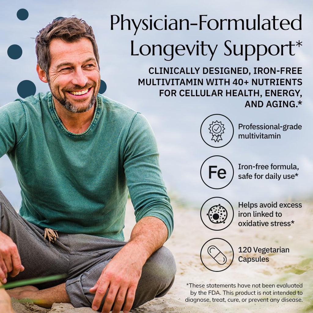 Neurobiologix Longevity Multi, Daily Multivitamin for Men & Women, Over 40 Vitamins & Minerals, NR, CoQ10 & Active B, Iron Free Vitamins for Women & Men for Energy & Wellness, 120 Capsules
