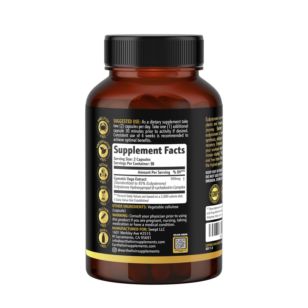 Earth Elixir Ecdysterone Supplements 900mg (180Capsules) – Made in USA - Muscle Building Supplements for Men w/ 95% Beta Ecdysterone w/Hydroxypropyl-β-Cyclodextrin for Enhanced Bioavailability