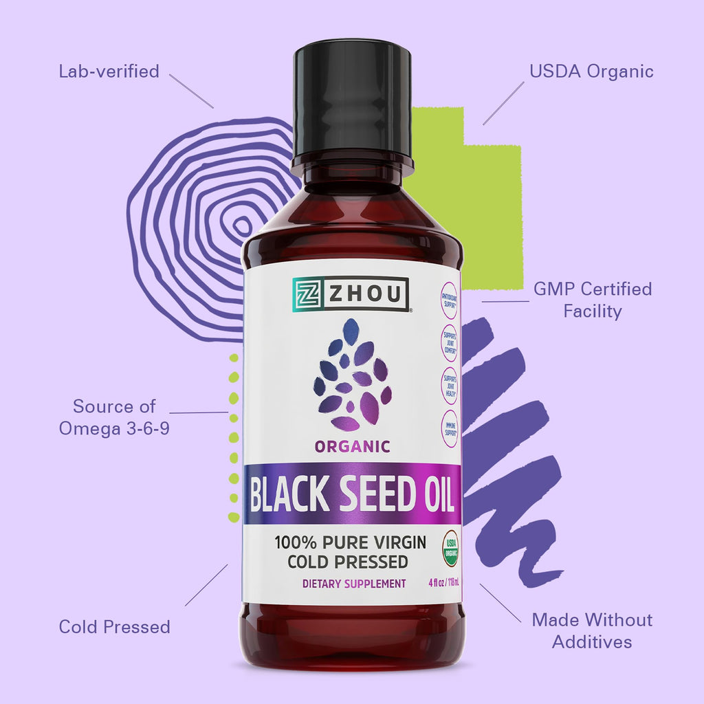 ZHOU Organic Black Seed Oil - Black Cumin Seed Oil Cold Pressed, Nigella Sativa, Pure Unrefined Blackseed Liquid, Premium Supplement for Health with Thymoquinone, Omega 3 6 9-4 Fl Oz (Pack of 1)