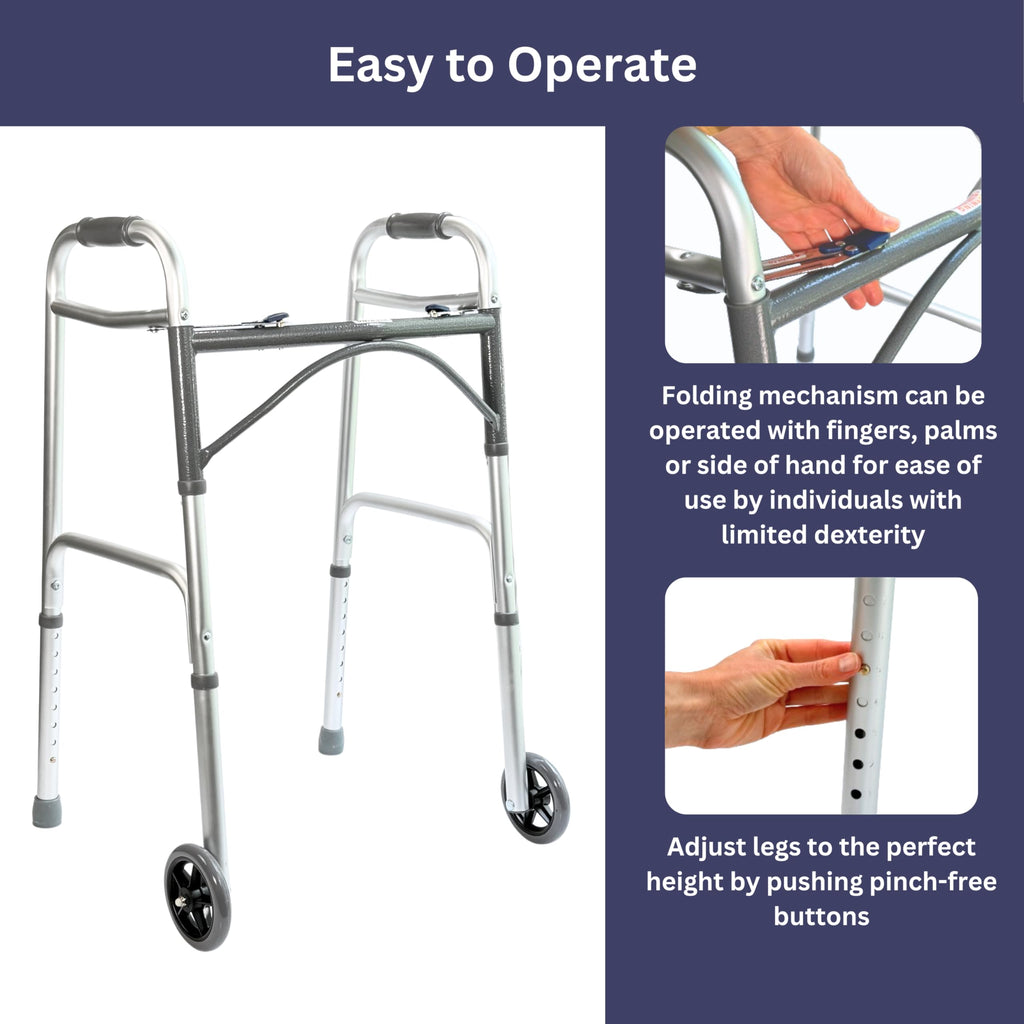 Foldable Lightweight Walker with 2 Wheels, Includes Ski Glides - Folding Design Ideal for Seniors and Elderly Adults - Adjustable for Tall Men and Women - Standing Handicap Mobility Aids