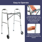 Foldable Lightweight Walker with 2 Wheels, Includes Ski Glides - Folding Design Ideal for Seniors and Elderly Adults - Adjustable for Tall Men and Women - Standing Handicap Mobility Aids