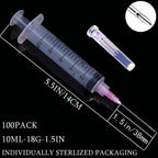 100 Pack 10ml/cc Plastic Luer Lock Syringa with 18Ga and Cap, Individually Sealed Wrapped, for Scientific Labs, Measuring Liquid, Refilling Cartridges or Glue Applicator