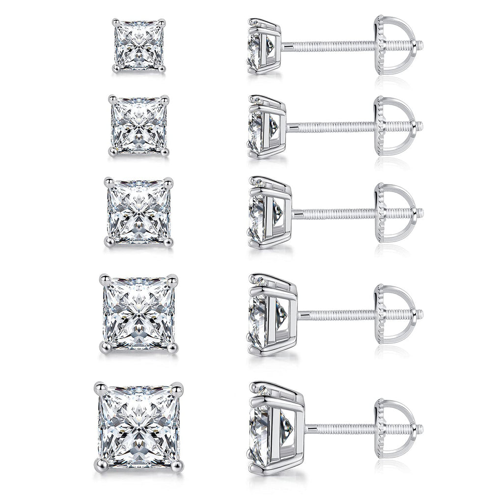 18K White Gold Plated Princess Cut Cubic Zirconia Screw Back Stud Earring Pack of 5 Pairs (5 Pairs)