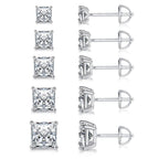 18K White Gold Plated Princess Cut Cubic Zirconia Screw Back Stud Earring Pack of 5 Pairs (5 Pairs)