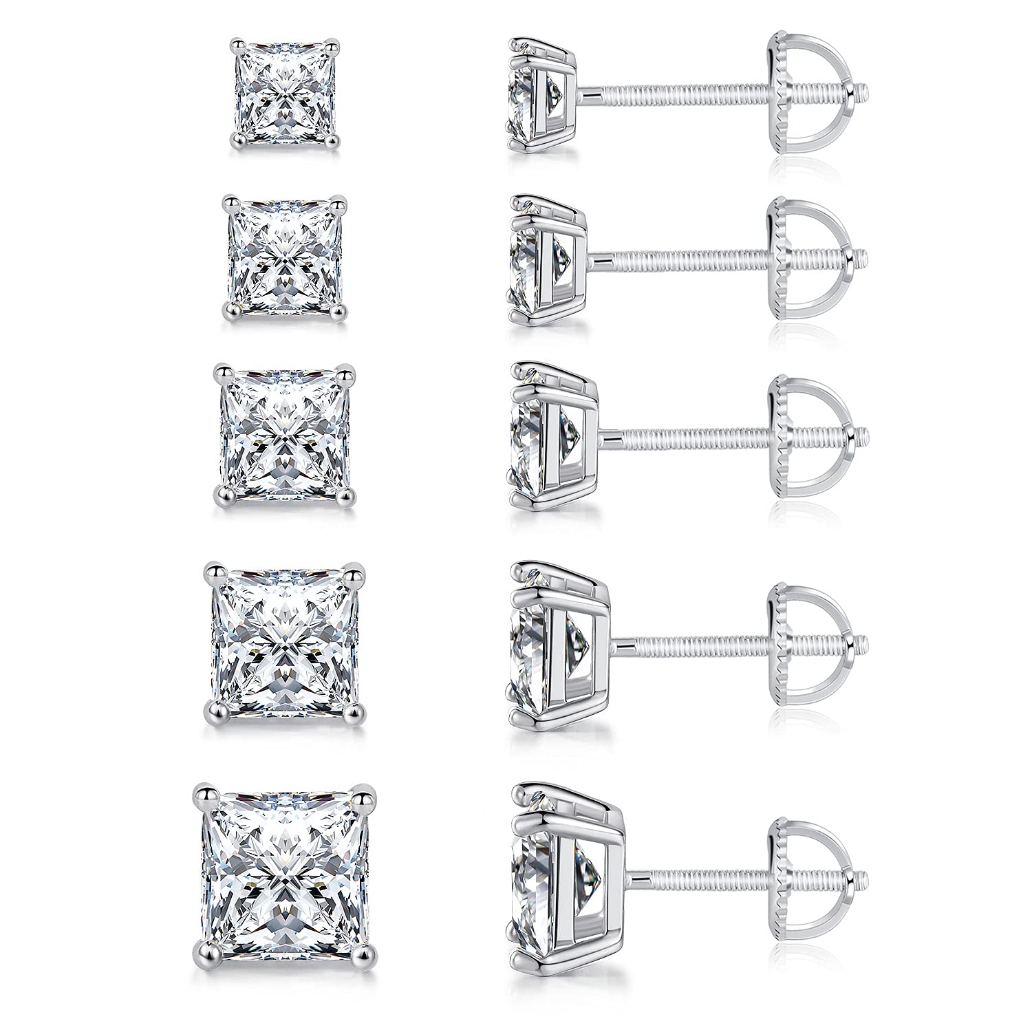 18K White Gold Plated Princess Cut Cubic Zirconia Screw Back Stud Earring Pack of 5 Pairs (5 Pairs)