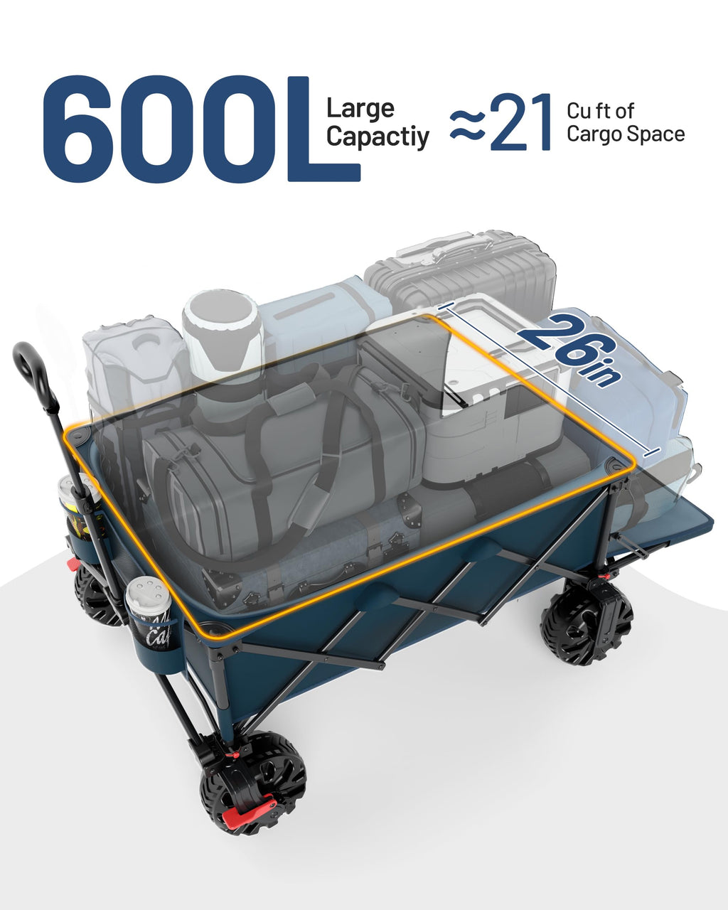 TIMBER RIDGE 600L Beast Wagon 26" W Extra Wide All Terrain Folding w/Big Wheels, Cargo Net & Tailgate, 26" W and 54.5" L, 400lbs Heavy Duty Collapsible Portable Cart for Camping, Sports, Dogs, Blue