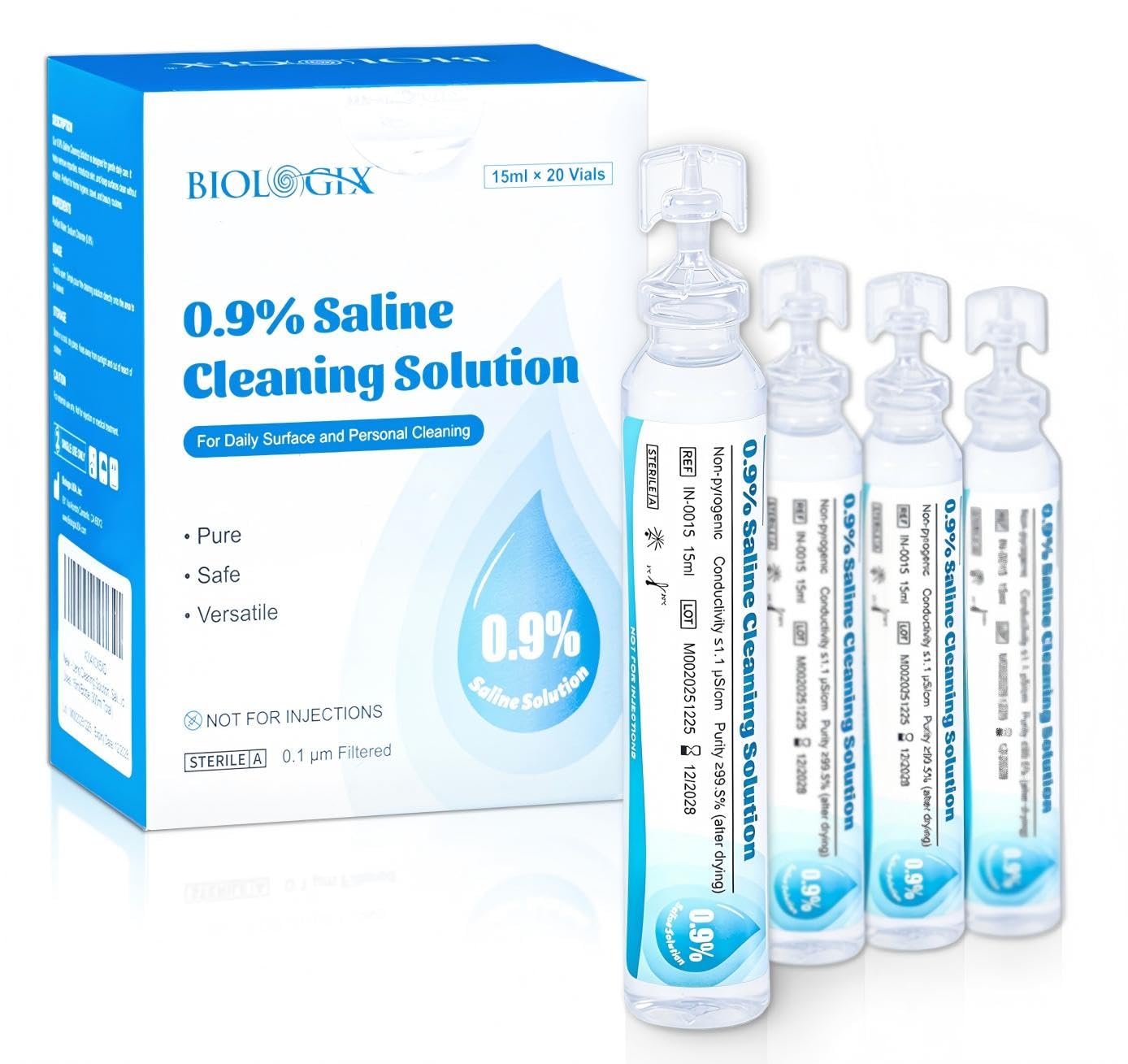 0.9% Saline Cleaning Solution, Normal Solution, Ready-to-Use for Daily Cleaning, Household Use, 15ml Each, 20 per Box, 300ml /10.56 FL OZ