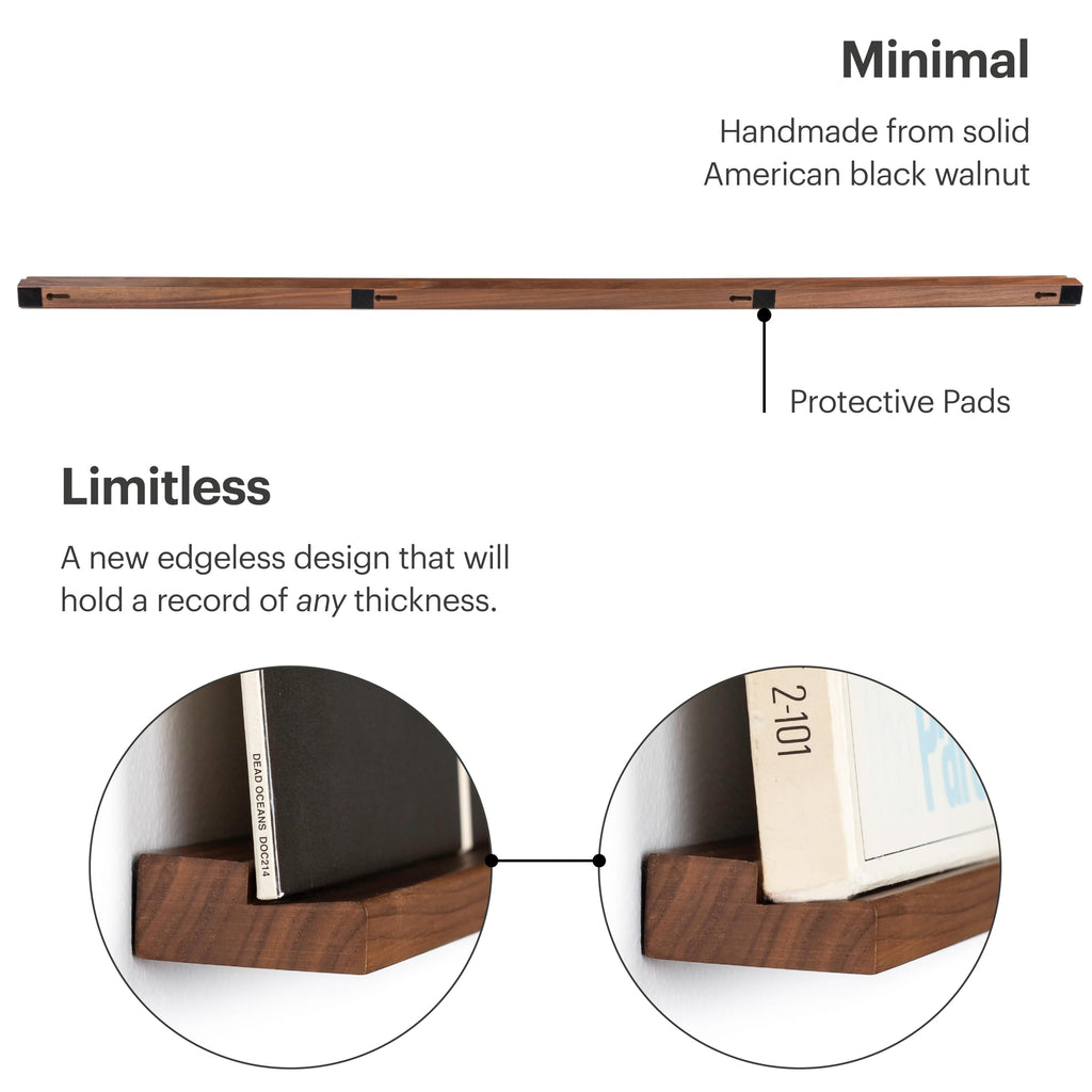 MÖNKE Vinyl Record Wall Mount - a 96 cm Long Elegant Display Ledge Made from Solid Walnut - This Vinyl Record Shelf Will Hold Records of Any Size (Walnut)