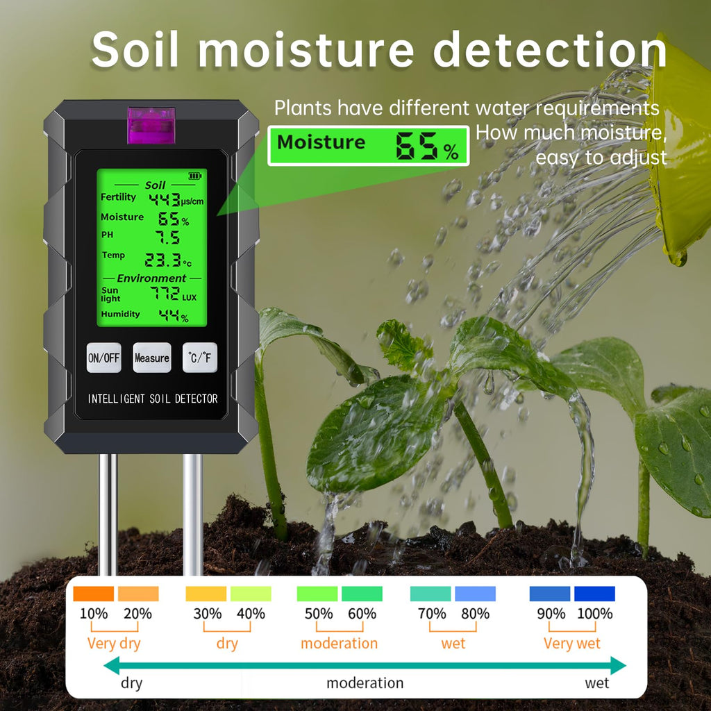 6-in-1 Digital Soil Tester, Soil Moisture Meter and pH Tester for Plants, Tests Moisture, pH, Fertility, Temperature, Sunlight and Air Humidity for Garden and Lawn (2*AAA Batteries Needed)