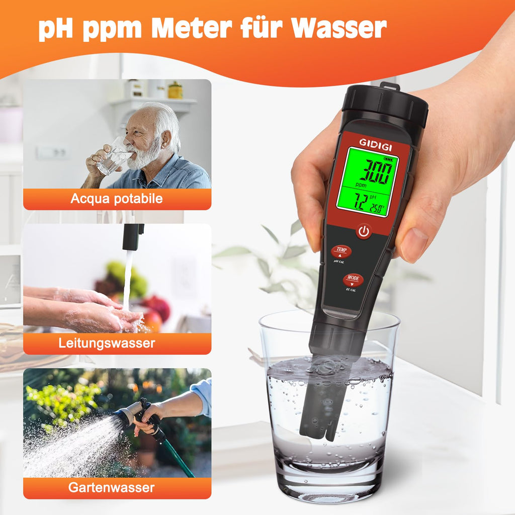 Digital pH Tester for Water, pH Meter for Hydroponic Water, TDS Tester EC PPM Test for Plant Nutrients, 4-in-1 Meter for Conductivity, pH Pen for Drinking Water, DWC, Indoor Plants