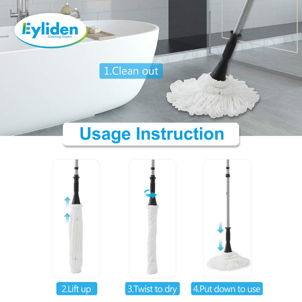 Eyliden Mop with 2 Reusable Microfiber Heads, Easy Wringing Twist Mop, 57.5 inch Long Handle, Wet Mops for Floor Cleaning, Commercial Household Clean Hardwood, Vinyl, Tile, and More (White)