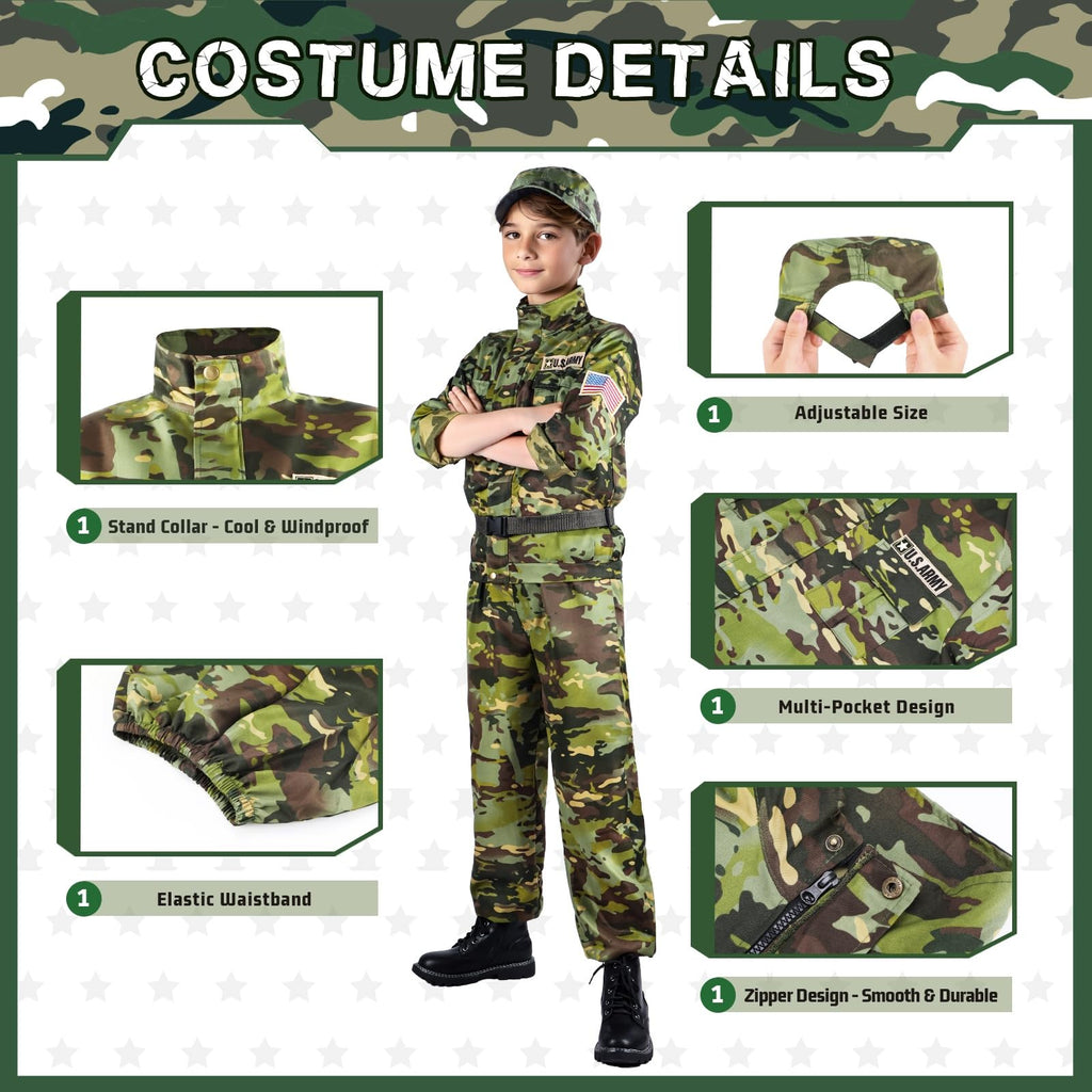 Metemot Army Costume for Boys, Halloween Soldier Military Costume for Kids