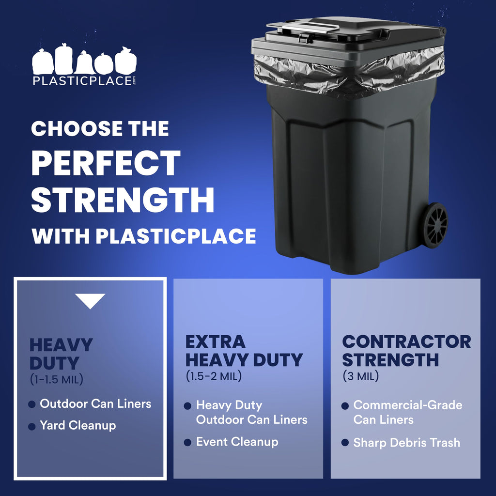 Plasticplace 64-65 Gallon Trash Can Liners for Toter │ 1.2 Mil │ Black Heavy Duty Garbage Bags │ Rolls │ 50” x 60” (100 Count)