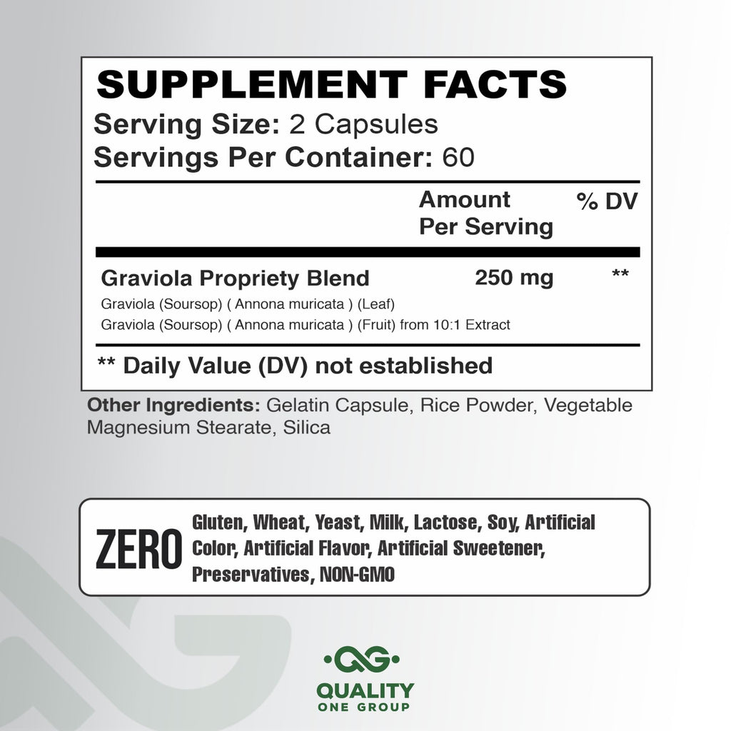 QUALITY ONE - GRAVIOLA MAX - Pure Graviola Extract Supplement - Soursop (Annona muricata) - Immune System Booster & Antioxidants in Each Capsule of Pure Graviola