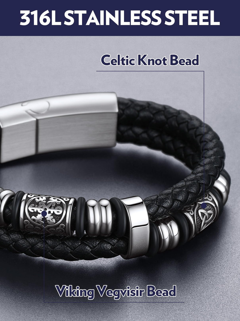 Bandmax Men's Norse Bracelet 8 inch Viking Celtic Knot Beads Bracelets Black Leather Braided Rope Wristband for Men Son Husband Grandson Gift For Father's Day Birthday Christmas Graduation