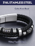 Bandmax Men's Norse Bracelet 8 inch Viking Celtic Knot Beads Bracelets Black Leather Braided Rope Wristband for Men Son Husband Grandson Gift For Father's Day Birthday Christmas Graduation