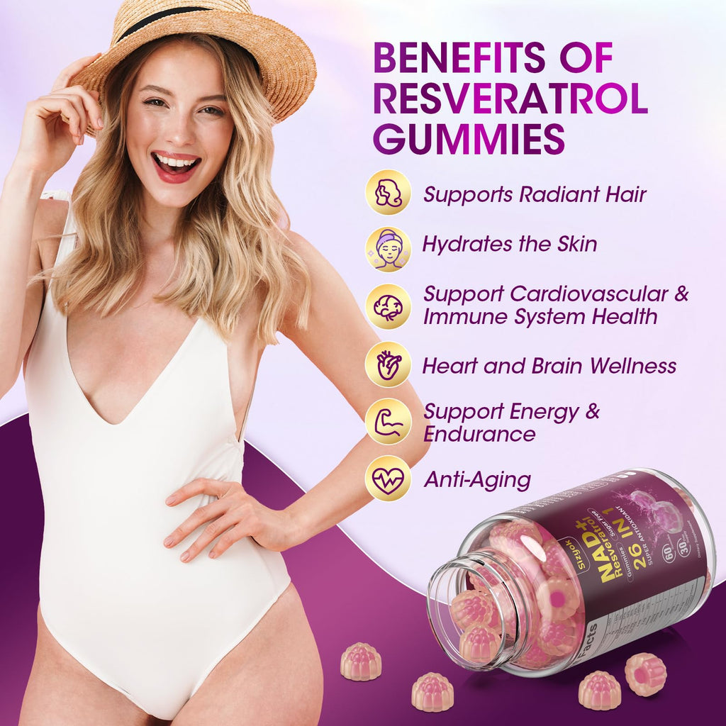 NAD Resveratrol Gummies, NAD supplements for Women with Hydrolyzed Collagen, Grape Seed, and D-Biotin Support Antioxidant Action, Anti-Aging, Cell Regeneration & Energy, Sugar-Free, 60 Gummies, 3 Pack
