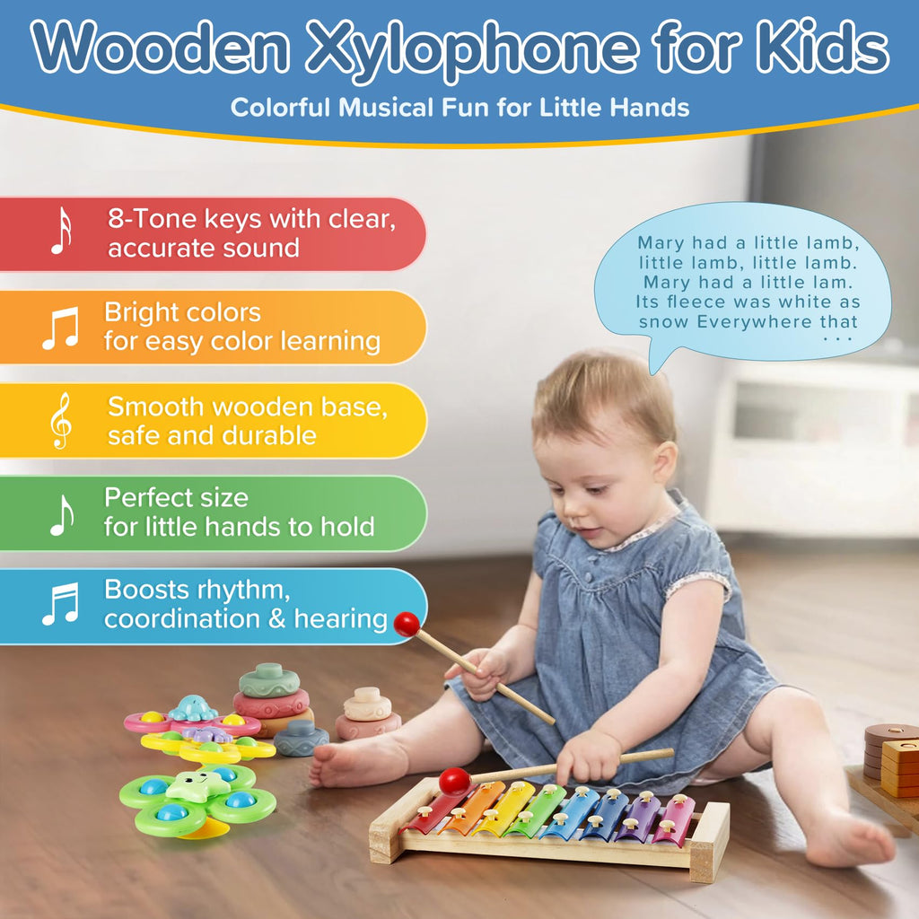 7‑in‑1 Montessori Baby Toys for 6‑12 Months & 1+ Years, Infant Sensory Teething & Stacking Blocks | Wooden Shape Sorter, Xylophone Musical Toy, Birthday Gift for Toddlers 1‑3