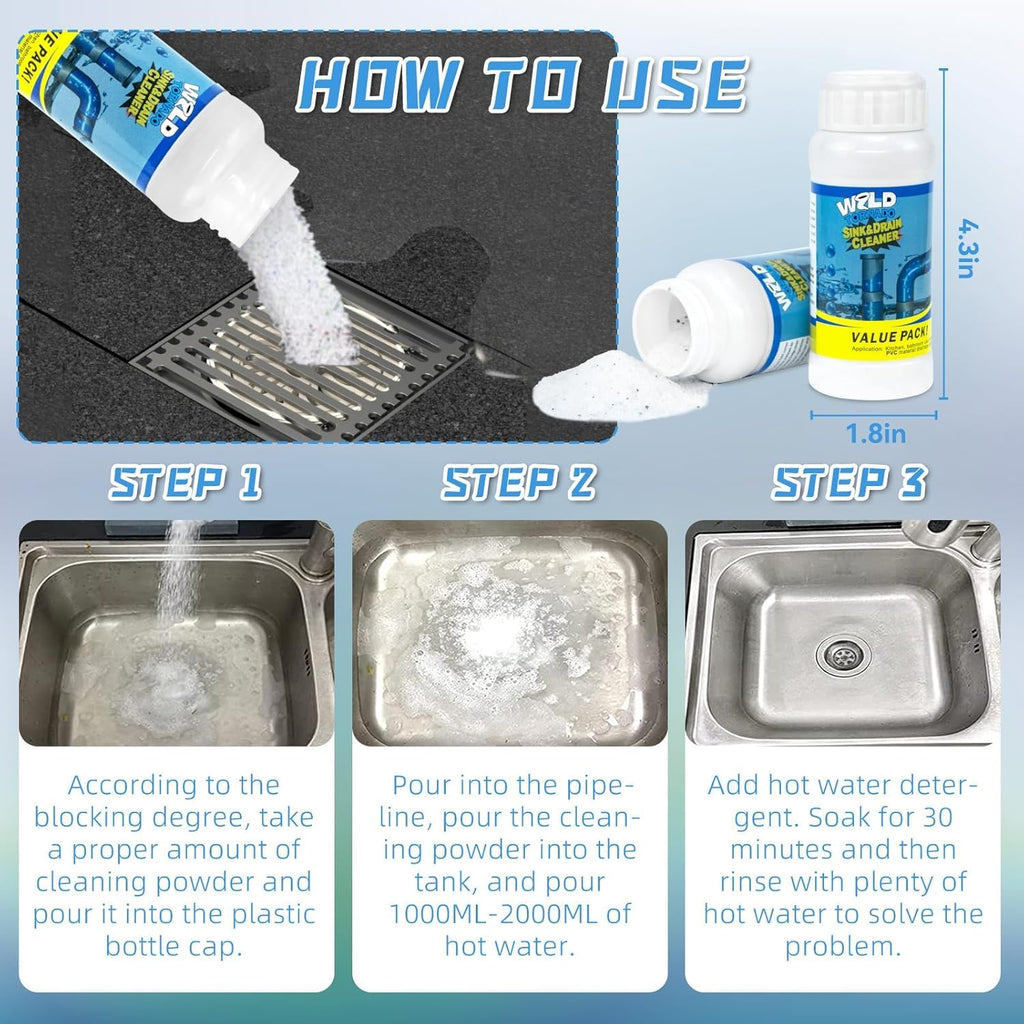 3PCS 2026 New Multi-functional Wild Tornado Pipe Dredge,Powerful Sink Cleaner Powder Fast Foaming for Kitchen Toilet Pipeline Quick Cleaning Tool