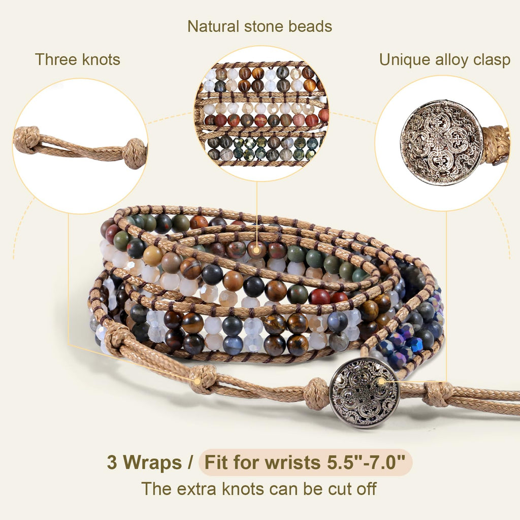 JR.DM Boho Beaded Bracelets for Women - Handmade Adjustable Crystal Natural Stone Bead Wrap Bracelets, Bohemian Jewelry Braided for Unique Birthday Gifts