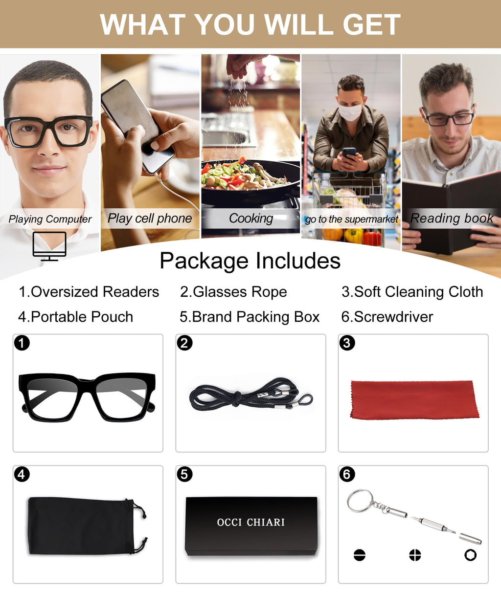 OCCI CHIARI Oversized Reading Glasses for Men 1.5 Thick Square Big Head Readers 1.0 1.25 1.50 1.75 2.0 2.25 2.50 2.75 3.0 3.5（Black,1.50）