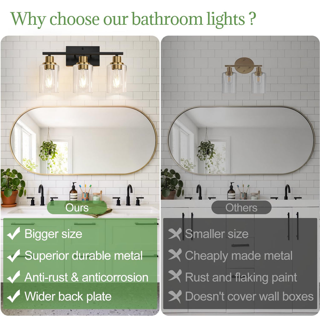 Indoi 3-Light Bathroom Light Fixtures, Black and Gold Modern Vanity Lights with Clear Glass Shades, Bathroom Wall Lamp for Mirror Living Room Cabinet Bedroom Porch