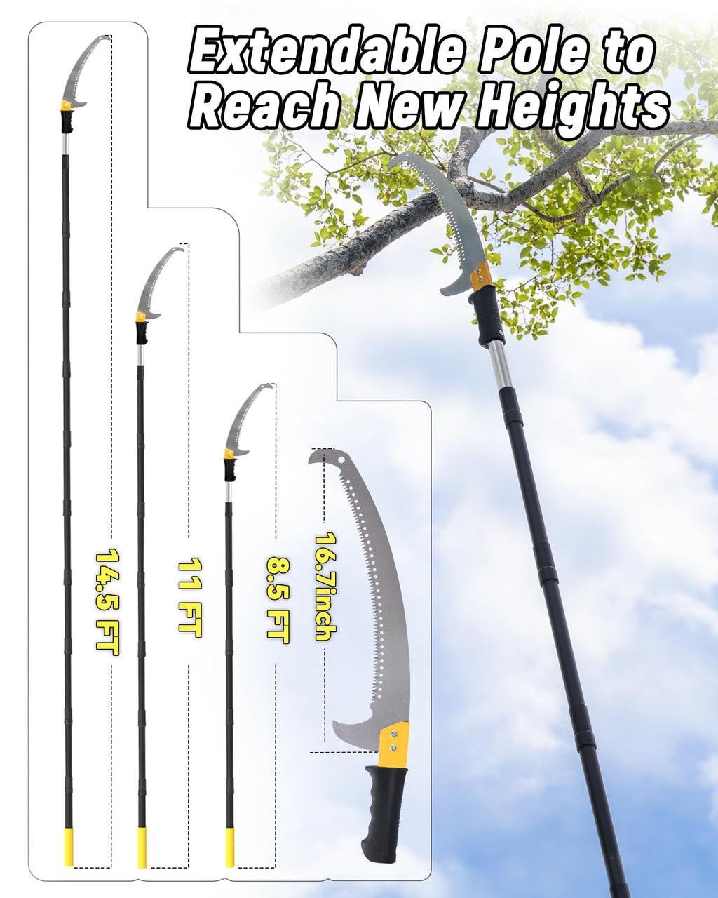 BlumeTrec 11FT Pole Saw with Adjustable Length for Tree Trimming Lightweight Manual Pruning Saw with Long Extension Branch Cutter