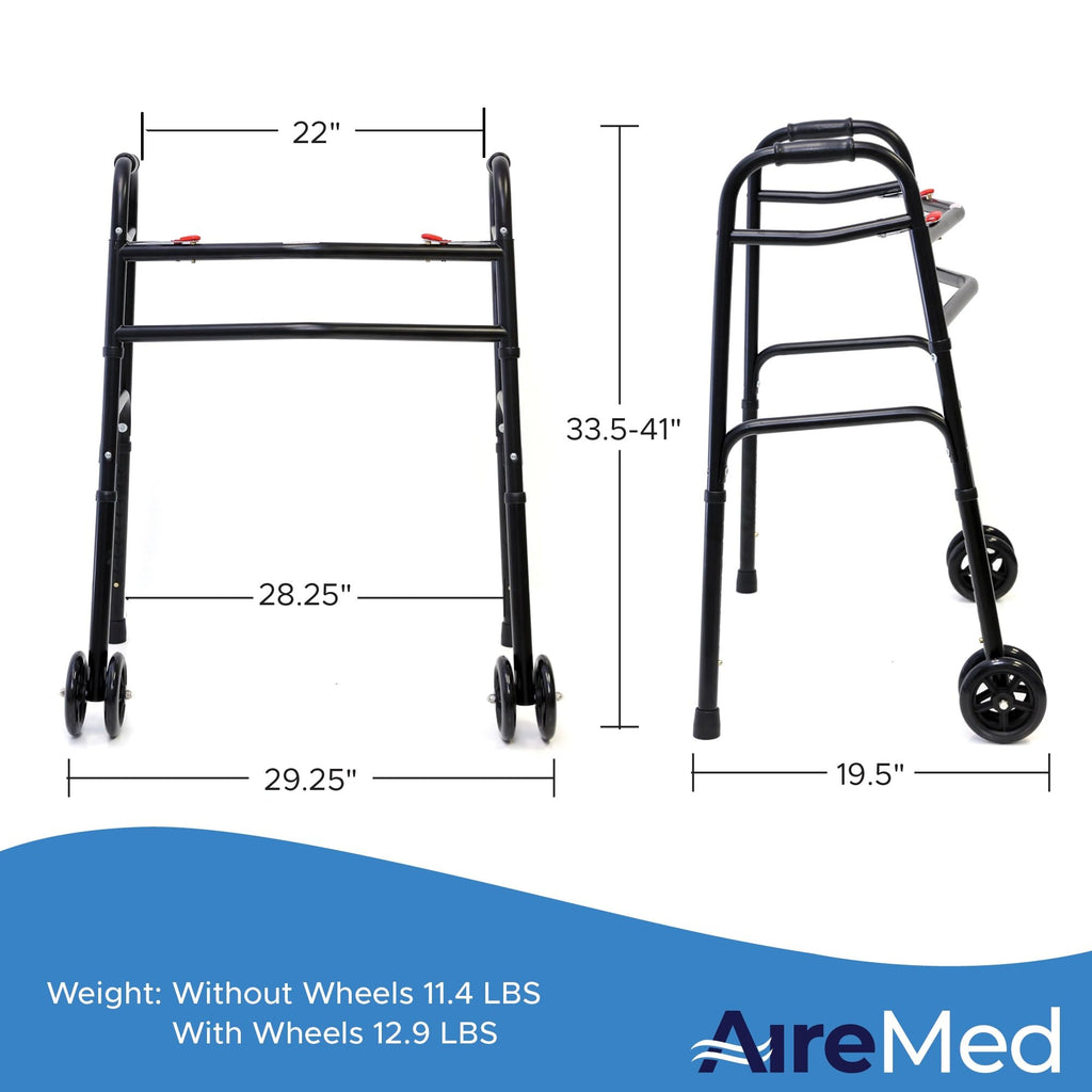 AireMed Bariatric Walker with 5" Wheels – Folding Walker Skis Glides Included - Extra Wide 600 lb Capacity - Adjustable Height - Sturdy Black Steel Frame - Ideal for Seniors and Mobility Support