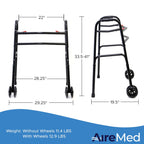 AireMed Bariatric Walker with 5" Wheels – Folding Walker Skis Glides Included - Extra Wide 600 lb Capacity - Adjustable Height - Sturdy Black Steel Frame - Ideal for Seniors and Mobility Support