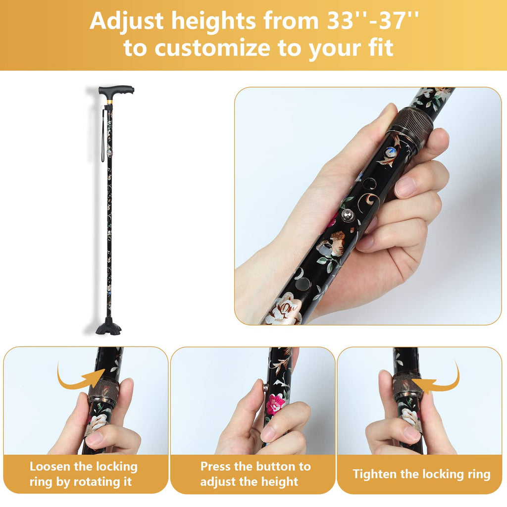 Hedkin Walking Cane with LED Light, Foldable,Adjustable, Self Standing Walking Canes for Men & Women,Walking Sticks with Quad Base for Seniors & Adults