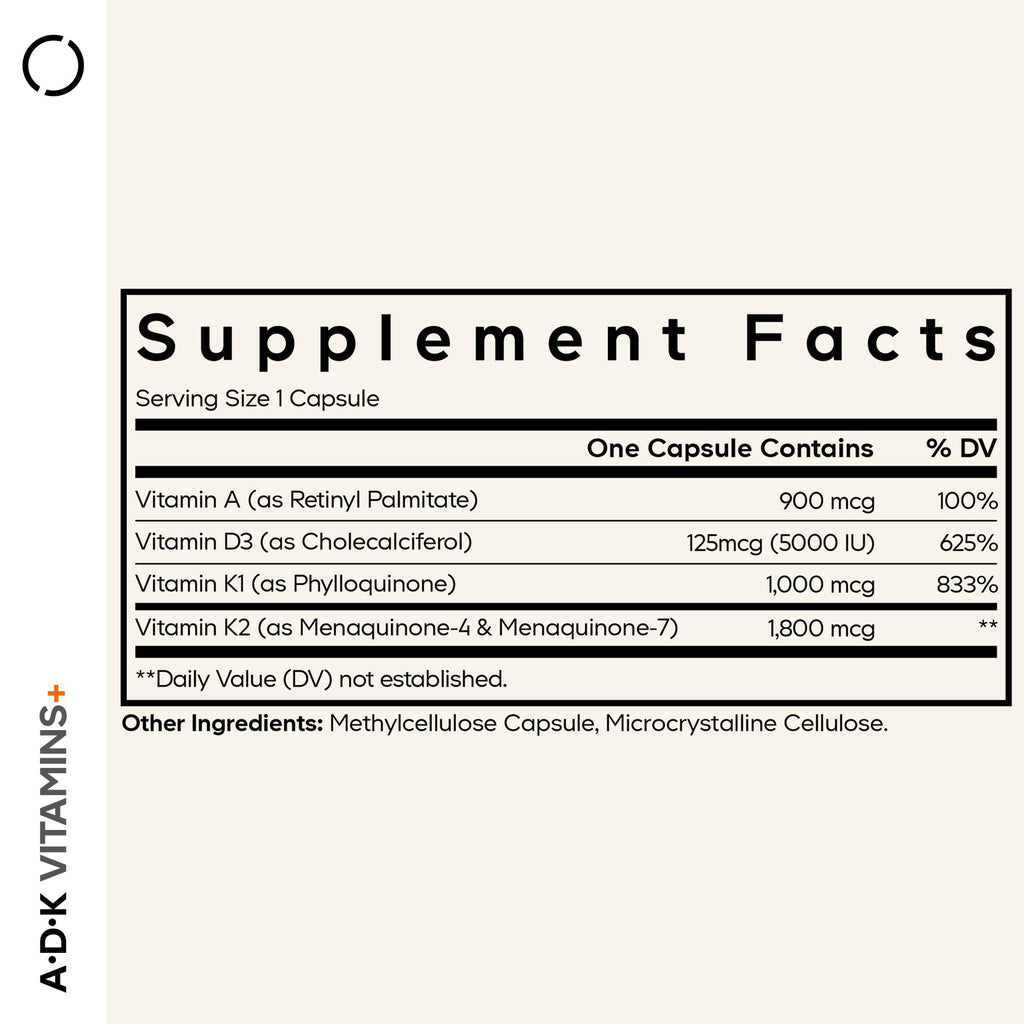Codeage ADK Vitamins Supplement - Essential Vitamin A, D3 5000 IU, K1 & K2 (MK4 & MK7) - 6-Month Supply - 1 Capsule per Serving, Non-GMO, Gluten-Free - 180 Capsules