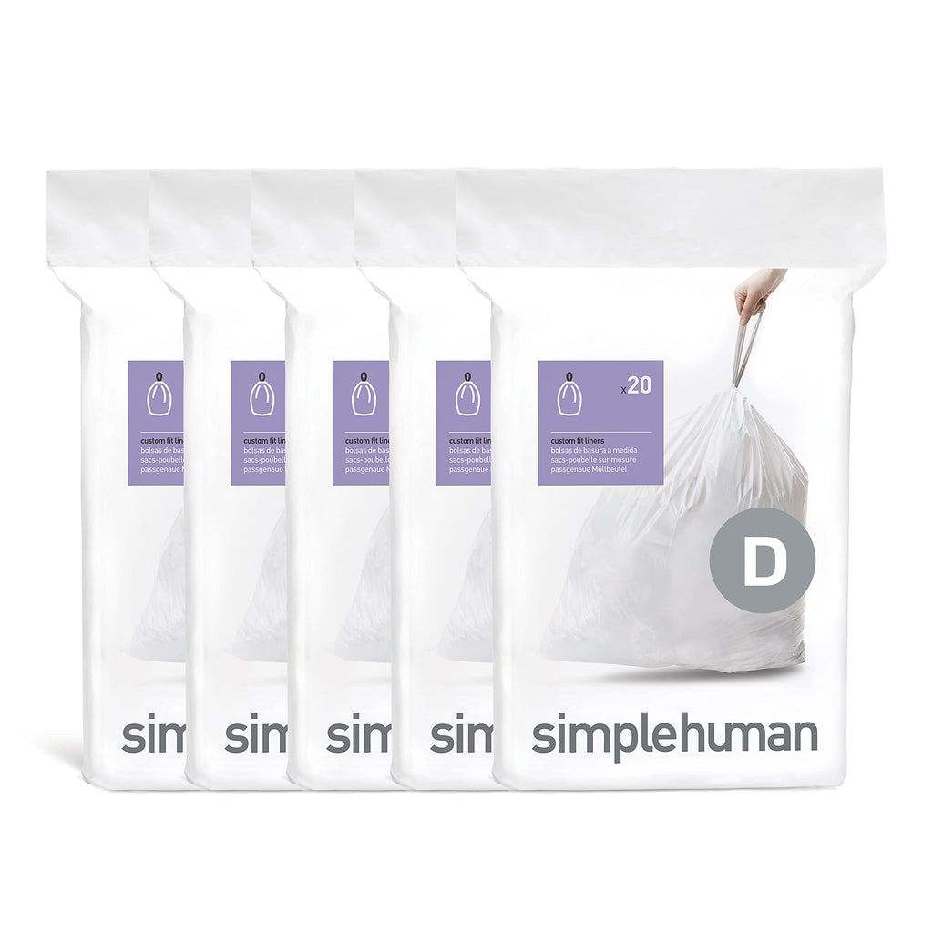 simplehuman Code D 100 Liners, 50% Recycled Custom Fit Bin Bags in Dispenser Packs, Durable Drawstring Tie Handle, 20L, White