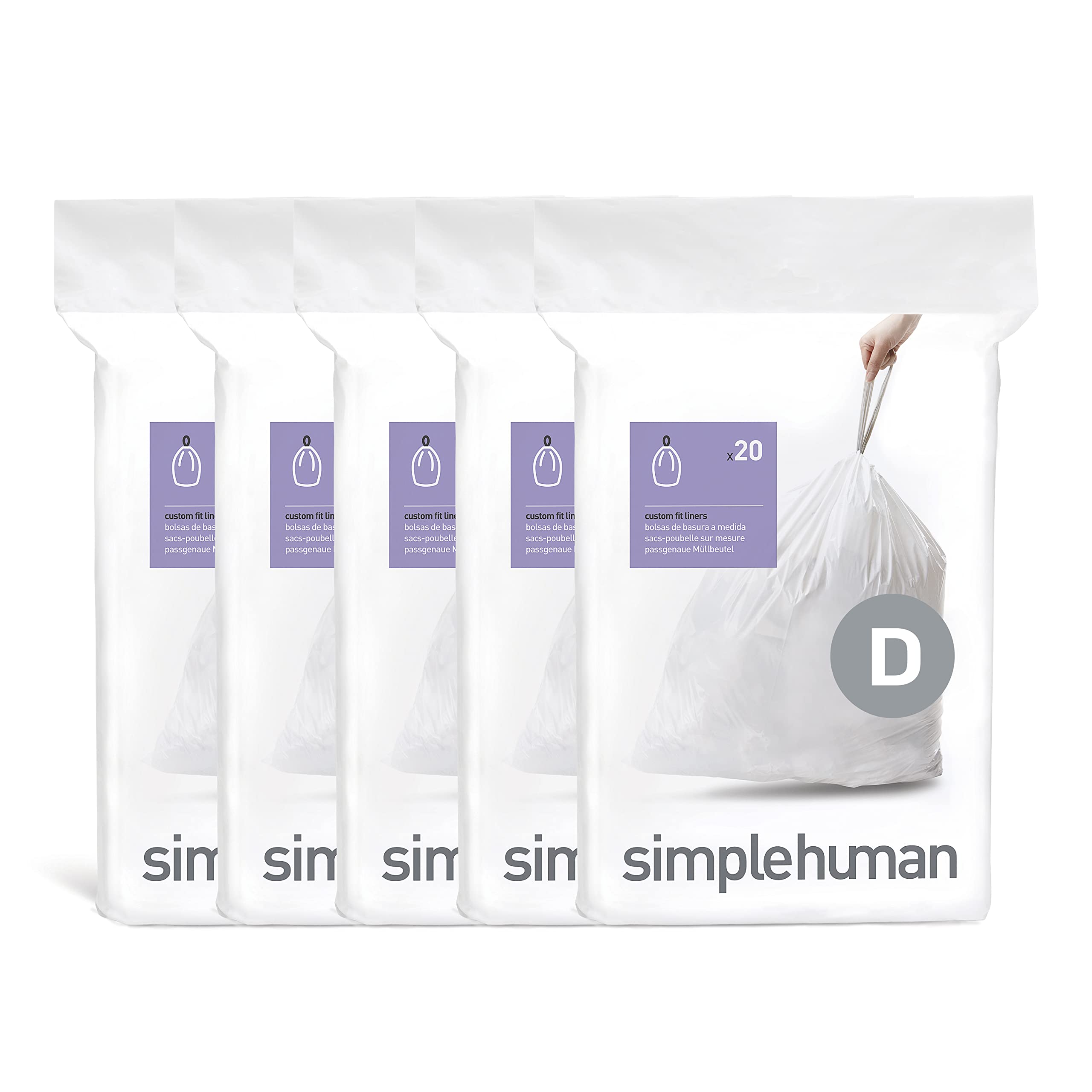 simplehuman Code D 100 Liners, 50% Recycled Custom Fit Bin Bags in Dispenser Packs, Durable Drawstring Tie Handle, 20L, White