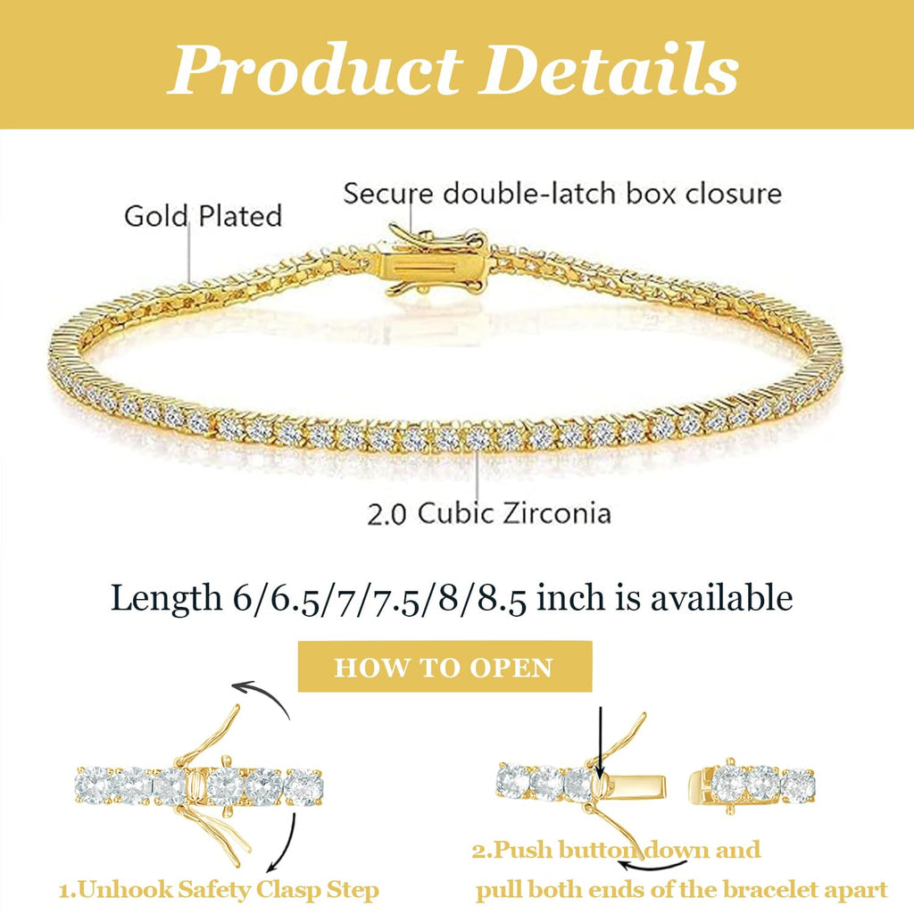Gemsme 2.0MM Tennis Bracelet for Women and Men, 18K Yellow Gold Plated Round 2mm Cubic Zirconia Classic Tennis Bracelet